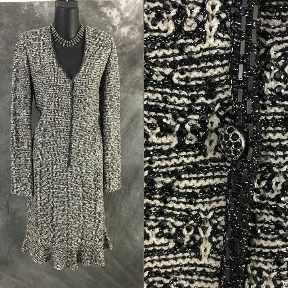 NEW BEAUTIFUL St John evening knit black white shimmer rhinestones skirt suit 8